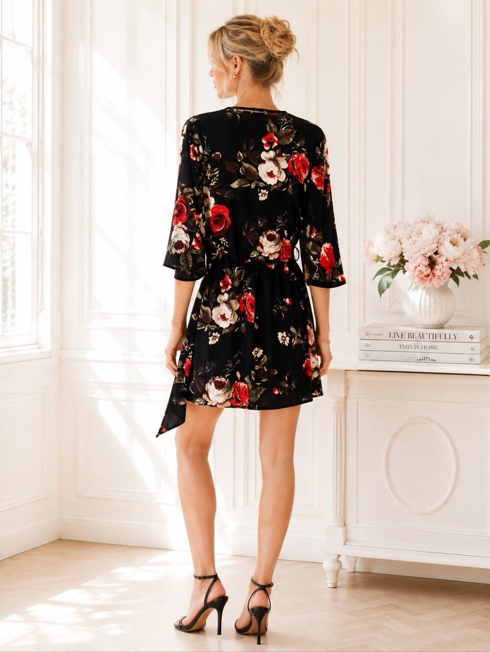 J for Justify Black Floral Mini Dress L Belted V Neck 3/4 Sleeve Romantic - Picture 2 of 11
